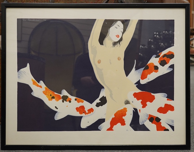 Ferry Bertholet (Dutch, b.1952), colour lithograph, Naked Japanese woman with six koi carp, signed and dated '86, limited edition 10/125, 49 x 64cm. Condition - good